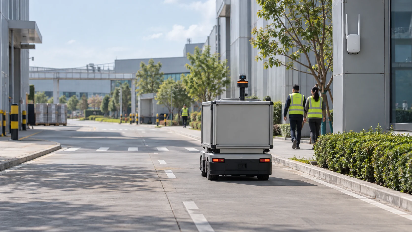 Outdoor access points and a logistics vehicle in a modern factory campus.