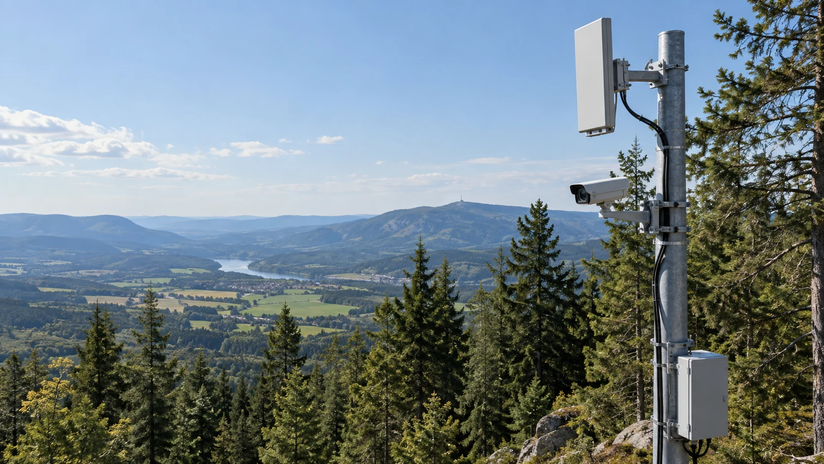 A pole-mounted camera and directional radio overlooking an open forest valley.