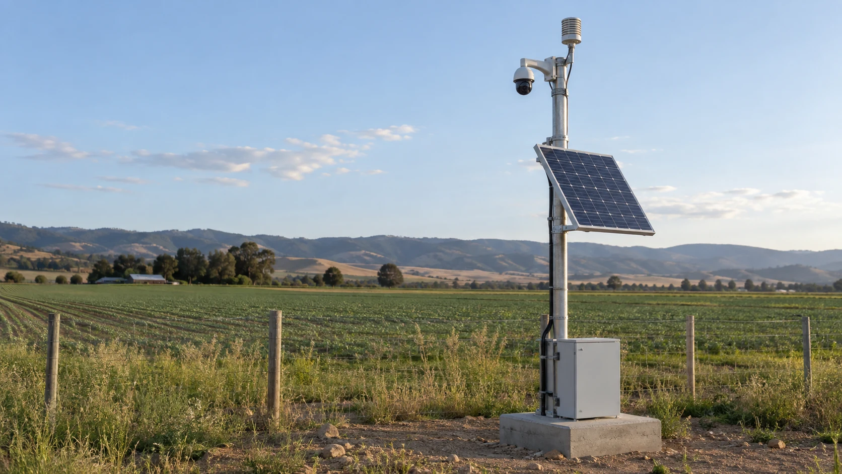 A solar-powered camera and environmental monitoring station beside farmland.