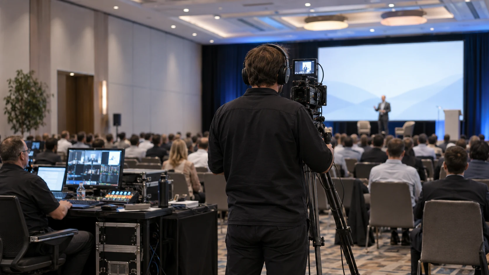 A camera operator filming a speaker from the rear of a professional conference hall.
