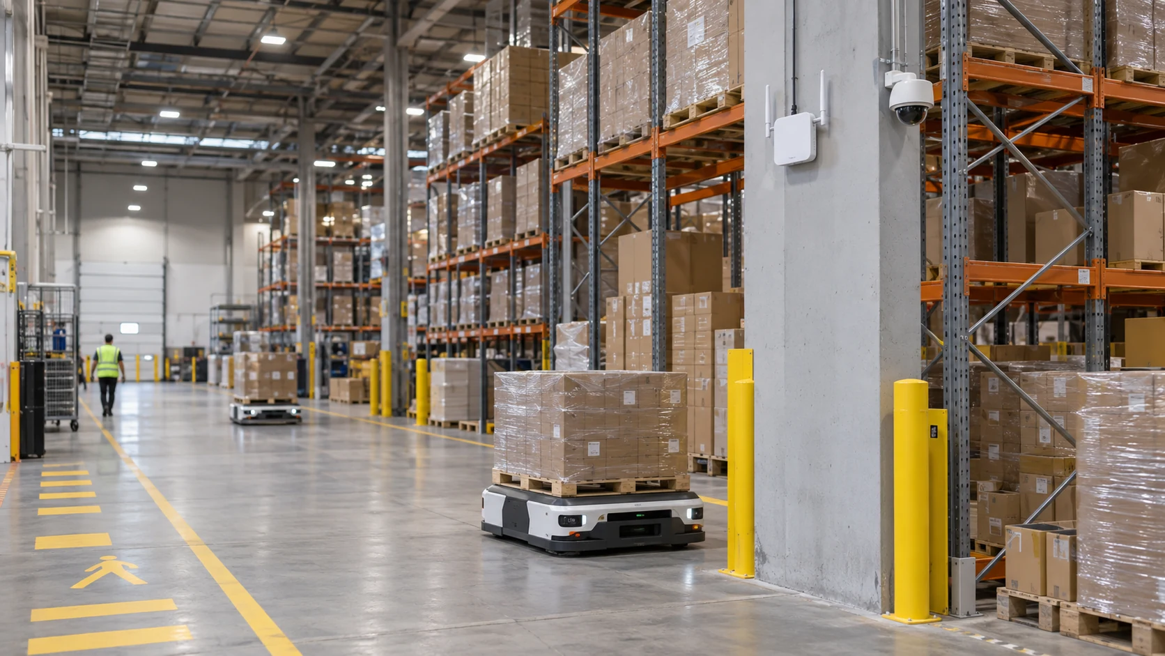 Warehouse aisles with connected handling vehicles and overhead wireless equipment.