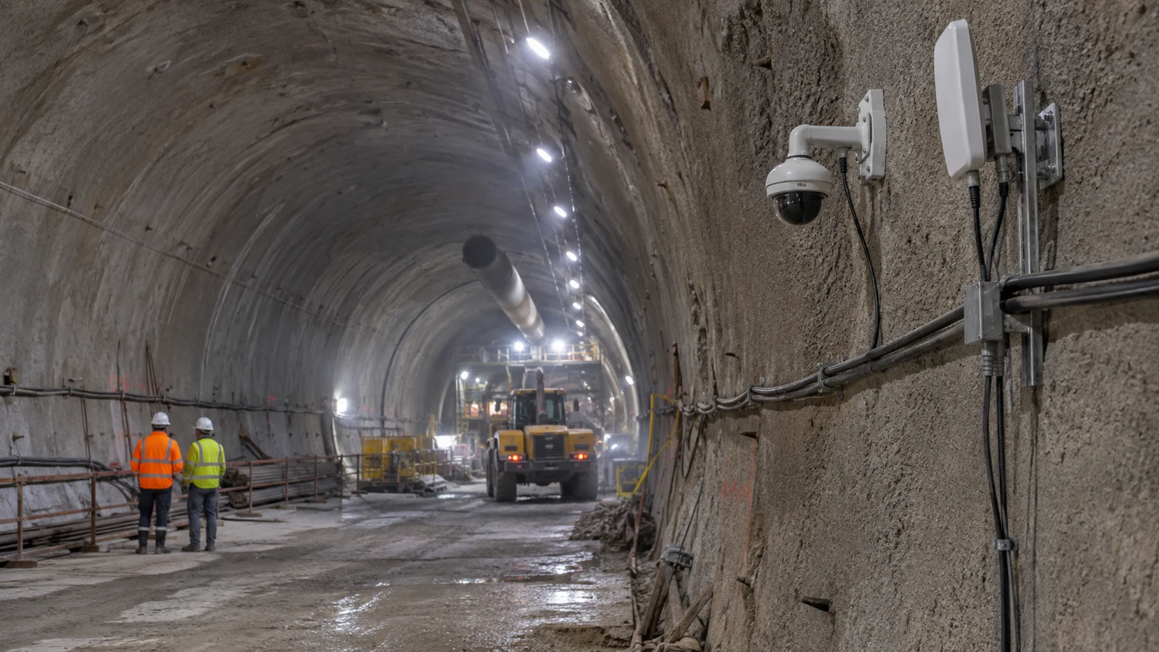 Wall-mounted monitoring equipment overlooking a tunnel construction work zone.
